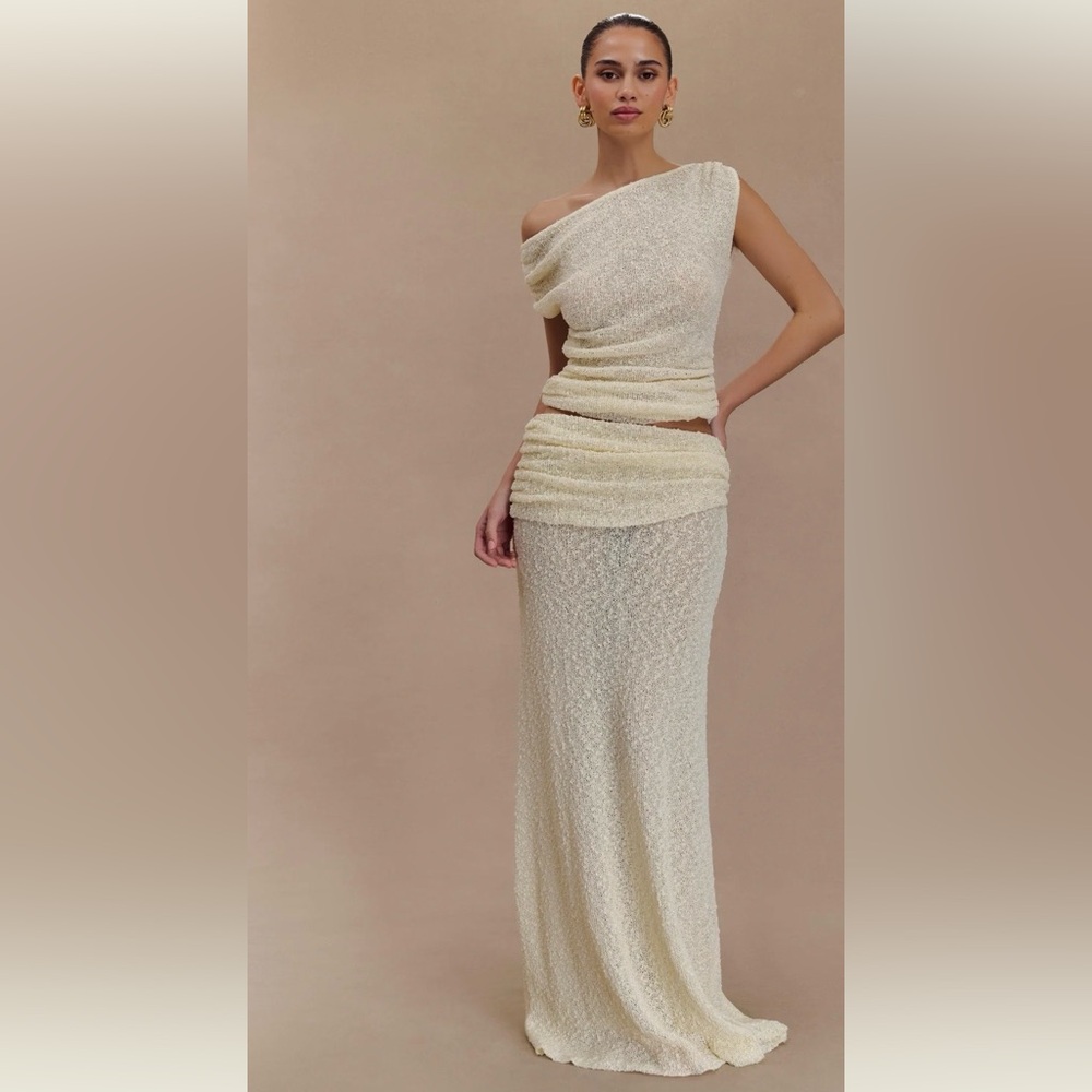 Meshki Cream Maxi Skirt & Knit Top Set
